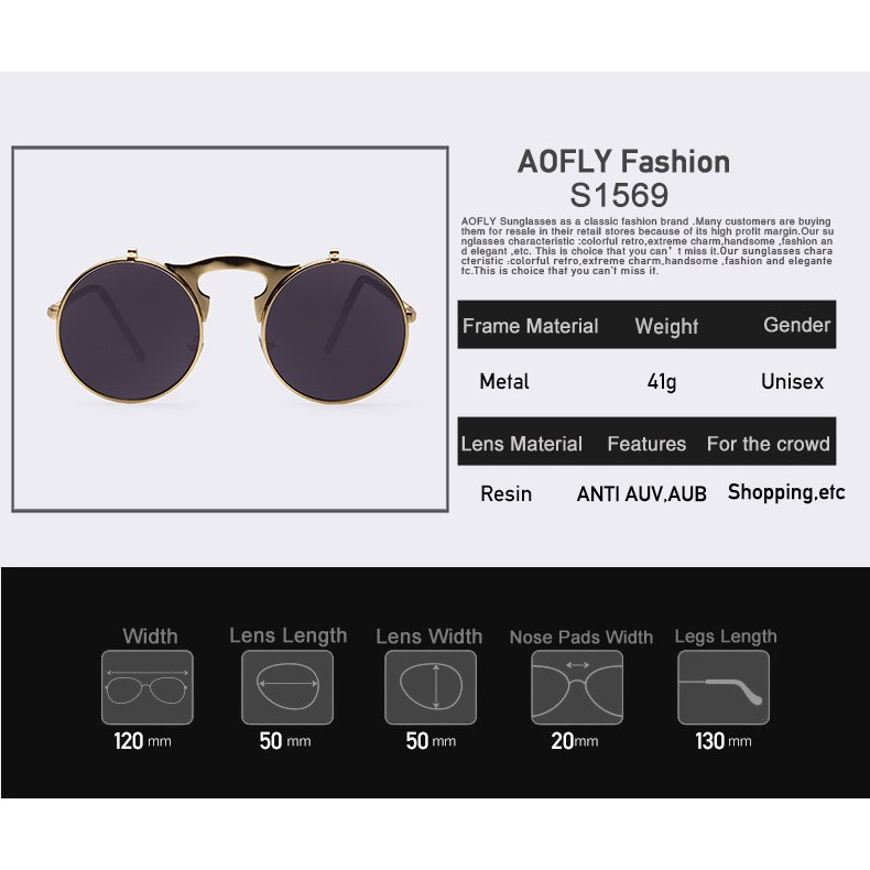 AOFLY Kacamata Hitam Round Vintage Steampunk Sunglasses Kacamata Klasik - Hitam