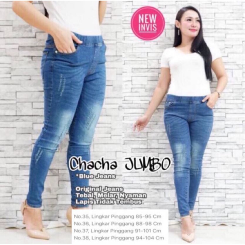 Jeans Jumbo Chacha bahan melar, pinggang full karet [smy gren/stn]