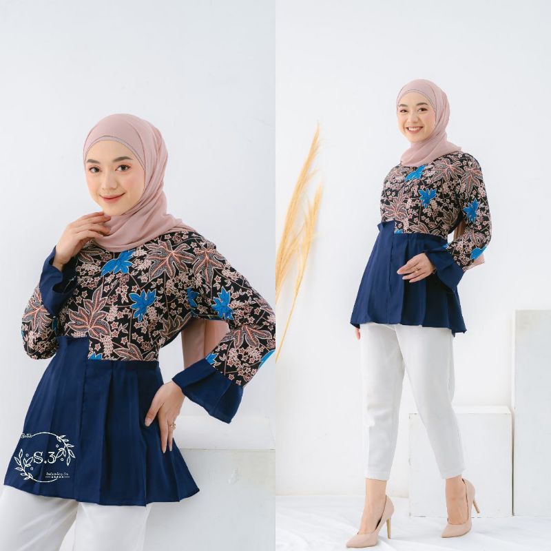 tey-17 Batik wanita ASJ SA HRB026 Kenongo Kemeja Tosca Pendek-Naura Navy