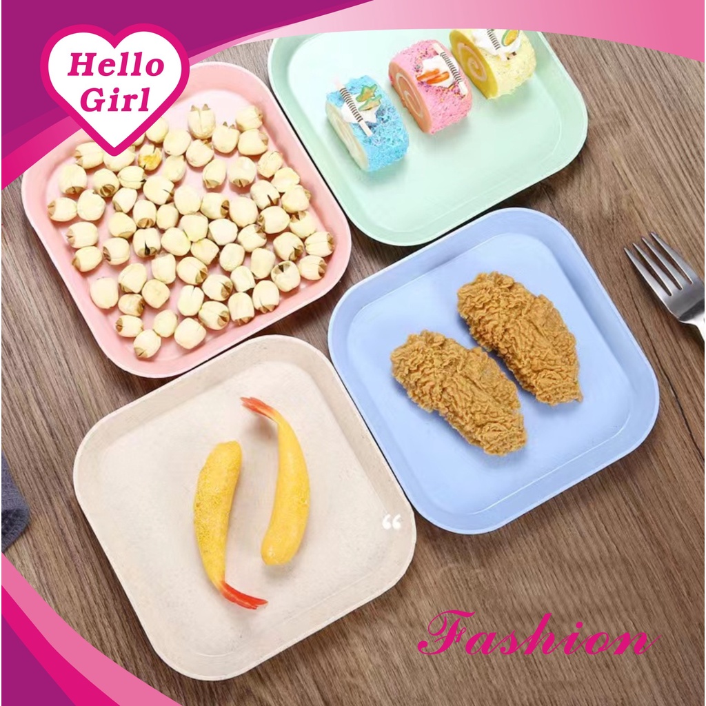 (Hello Girl)D04 Mangkok Makan Piring Makan Bentuk Kotak Bahan Jerami Import