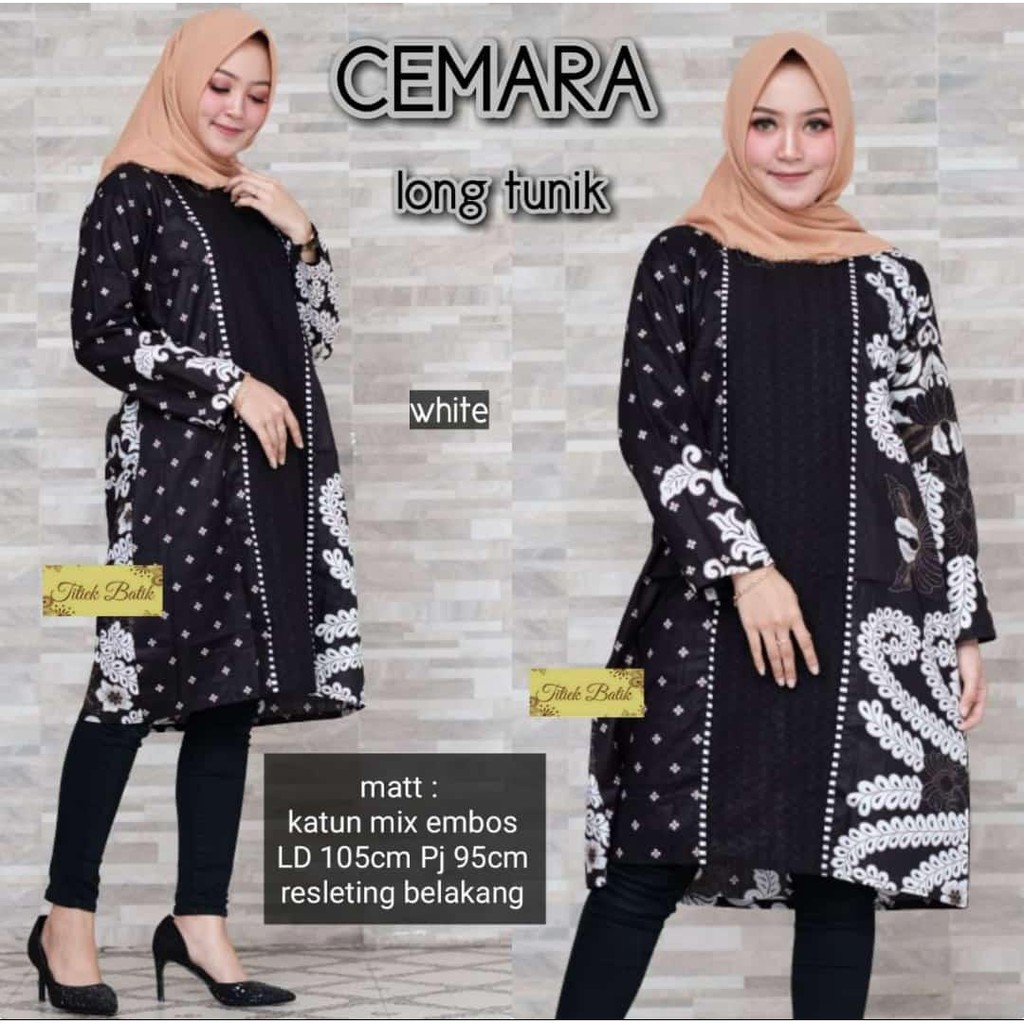 Batik Dress Motif Cemara Long Tunik Wanita Katun Modern White Embos Cewek Exclusive