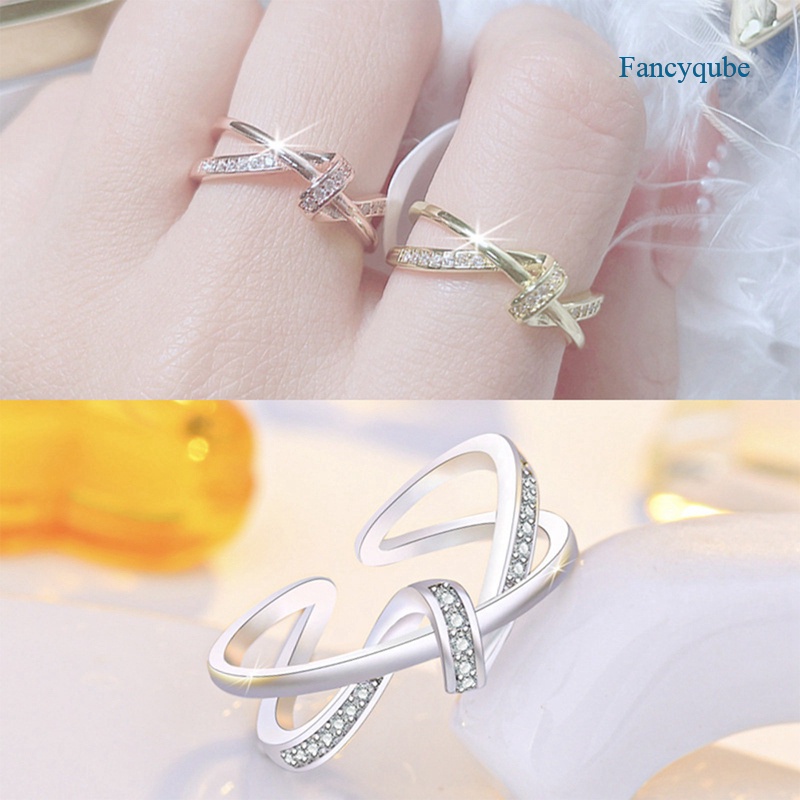 Cincin Model Terbuka Desain Silang Bahan Zirkon Warna Rose Gold Gaya Korea Untuk Wanita