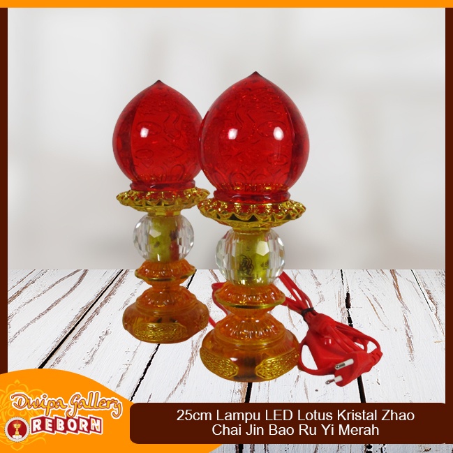 Lampu Sembahyang Altar  25 cm Merah LED Lotus Kristal Zhao Chai