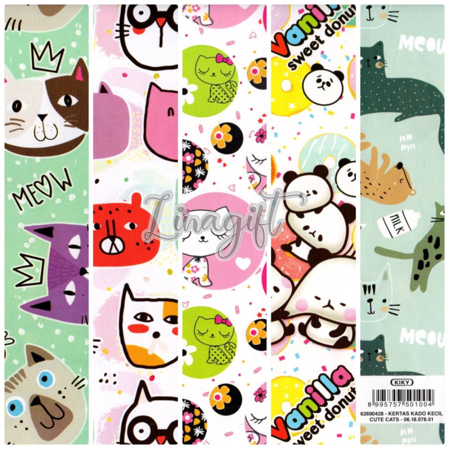 ( 5 Lembar ) ANIMAL KIKY - CUTE PANDA BEAR PENGUIN RABBIT CATS MEOW KERTAS KADO HAPPY BIRTHDAY - GIFT WRAP PAPER SHINNY GLOSSY MENGKILAP KUCING FUNNY ANIMAL