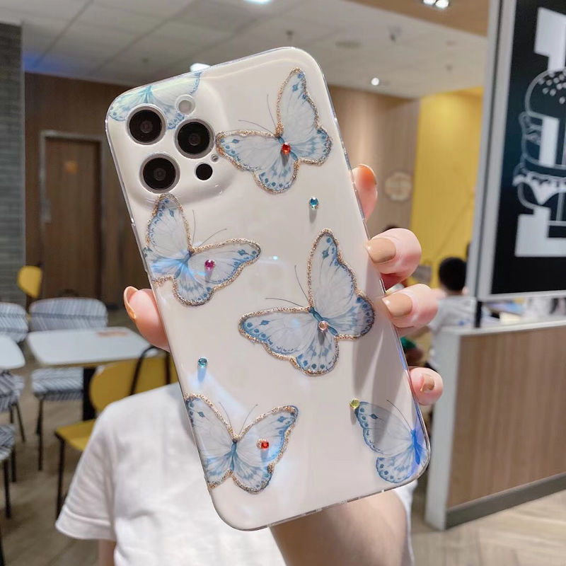 Case Desain Kupu-Kupu Biru 3d Untuk iPhone 12 13 11 Pro Max X Xs Max Xr 4124