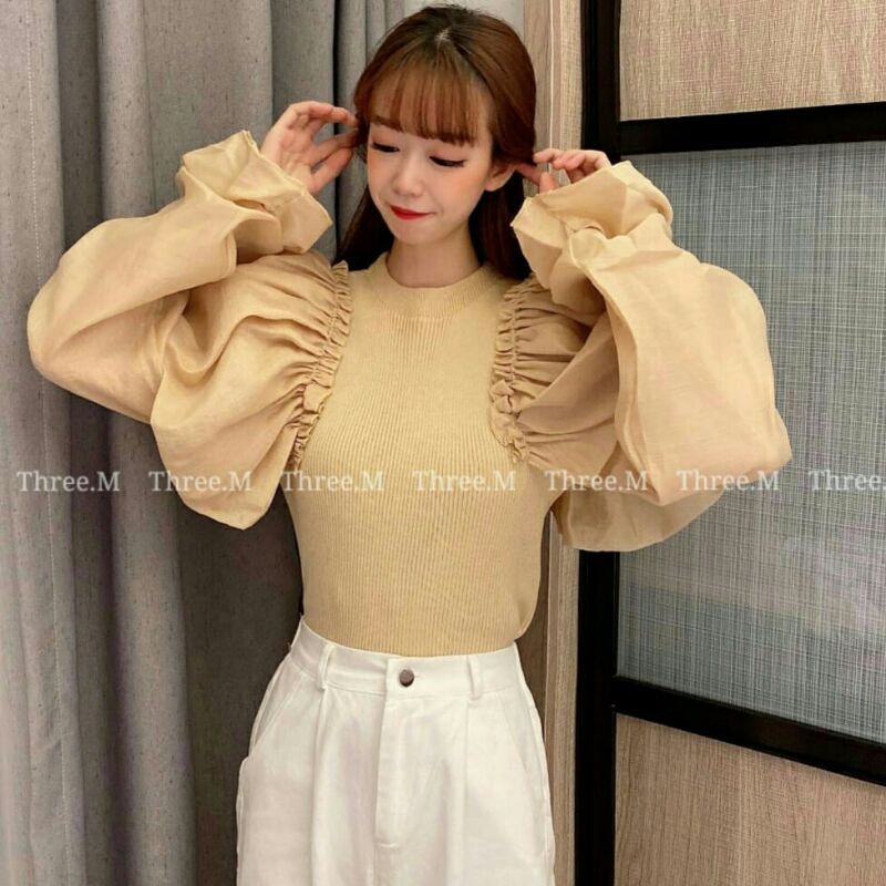 0833 Baju atasan blouse top puff lengan balon rajut wanita baju atasan rajut cewek import hitam pink