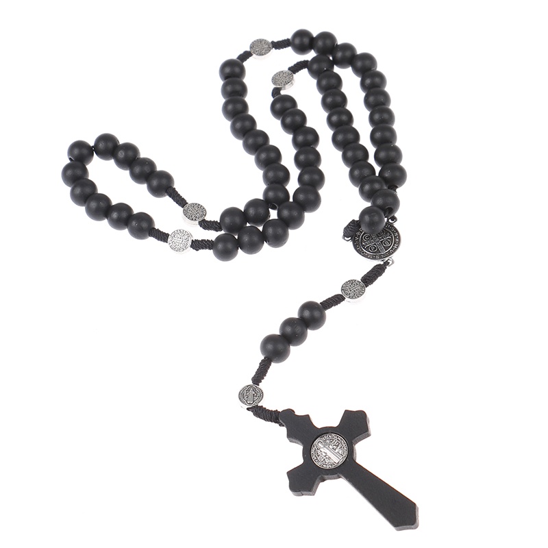 Hbid Kalung Doa Rosario Manik Kayu Hitam Pendant Salib Yesus Gaya Antik