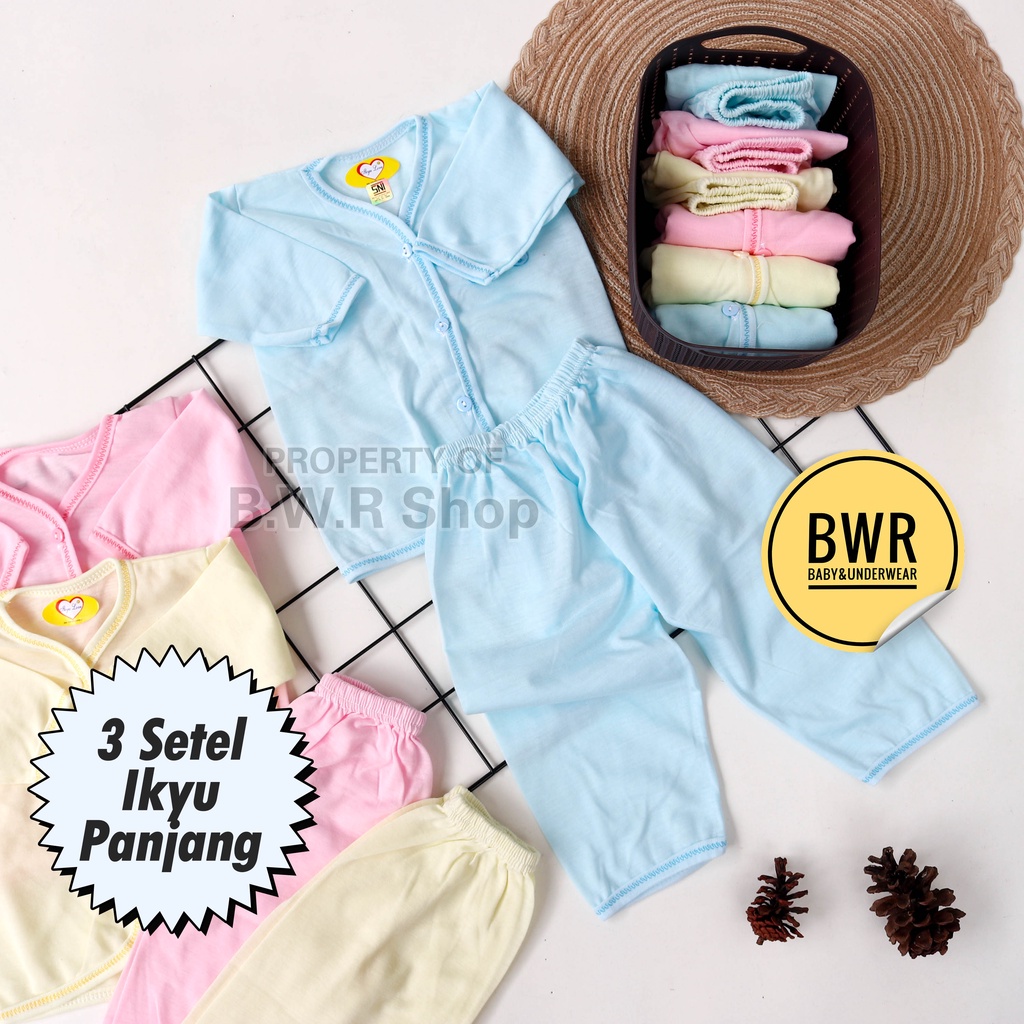 [ 3 Setel ] Paket Setelan Ikyu Love PANJANG WARNA POLOS / Baju + Celana Murah Hampers Kado Bayi - IX