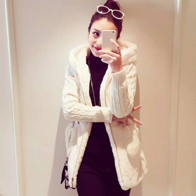 WOMAN WINTER PLUSH FUR KNIT HOODIE WARM JACKET JAKET WANITA BULU RAJUT MUSIM DINGIN