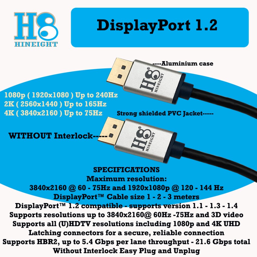 Kabel Display Port To DisplayPort 1.2 4K 2 Meter 60 Hz H8-DP12VA2