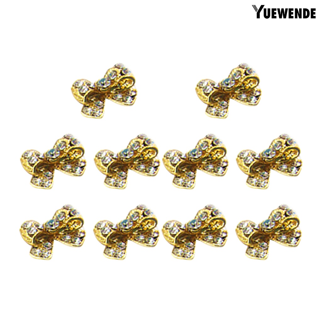 [Yue] 10Pcs Nail Sticker Bow Shape Cubic Zirconia Inlaid Alloy Women Shiny Nail Tips Jewelry for Natural Nail