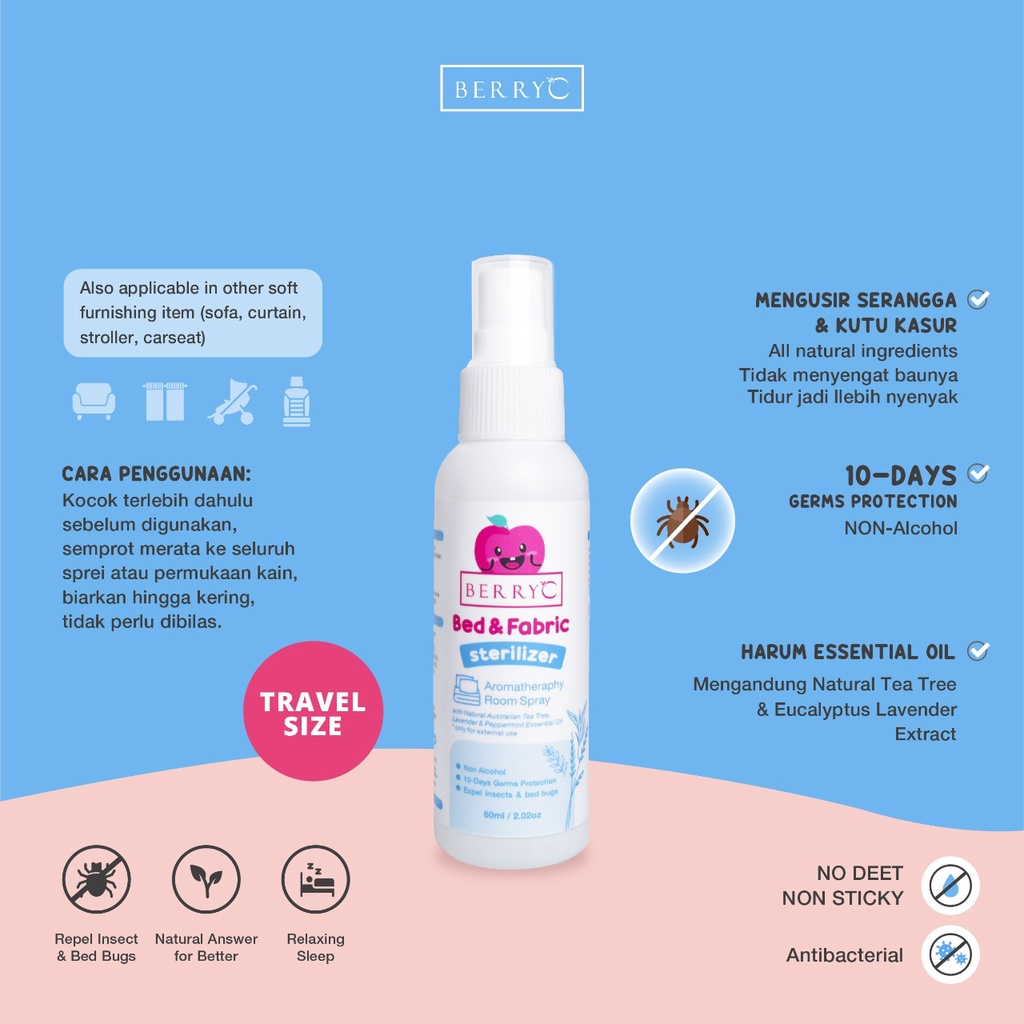 BerryC Bed &amp; Fabric Steriliser 100ml Spray Sanitizer Disinfectant Sterilizer Anti Tungau, Kutu Busuk, Bed Bugs, Serangga &amp; Bakteri Non Alcohol Alkohol Aman Kain, Kasur, Sofa, Baju, Perabotan, Furniture, Kemenkes, Essential Oil, Tea Tree Oil, Aromatherapy