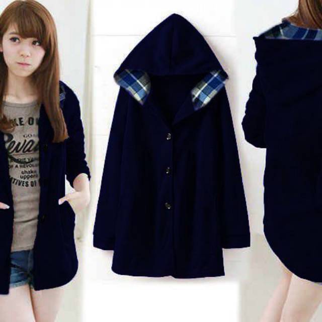 Jaket muslimah Korean Hoodie sweater blueberry kotak style automecink