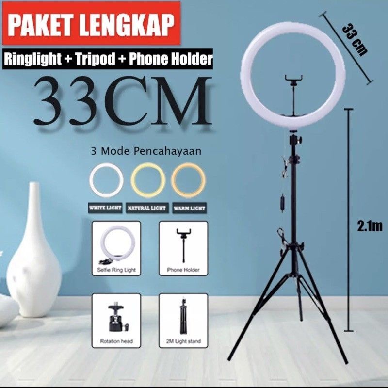 Paket Komplit Ringlight 33cm + Tripod 2,1 Meter Make Up Vlog Lampu Ringlight vlog