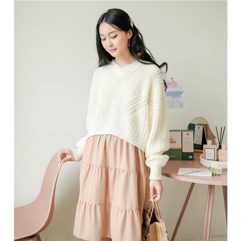 HANNA SWEATER CROP TOP SIDO BOLONG NARA KNIT / OVERSIZED SWEATER / RAJUT TEBAL LENGAN PANJANG