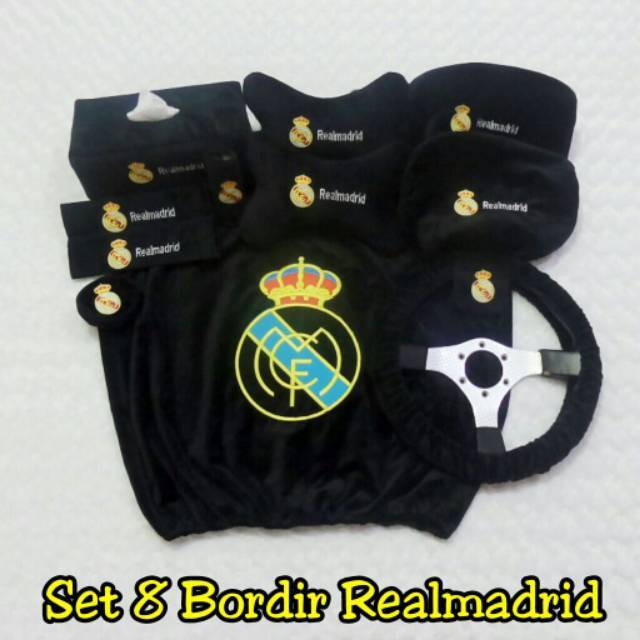 Set SARUNG bantal headrest sandaran kepala jok leher kursi mobil ReaL Madrid REALMADRID HITAM 8 B