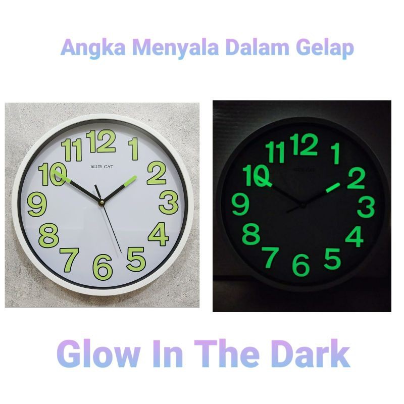 Jam Dinding Glow in the dark Menyala Minimalis Polos Unik Blue Cat Original 30cm