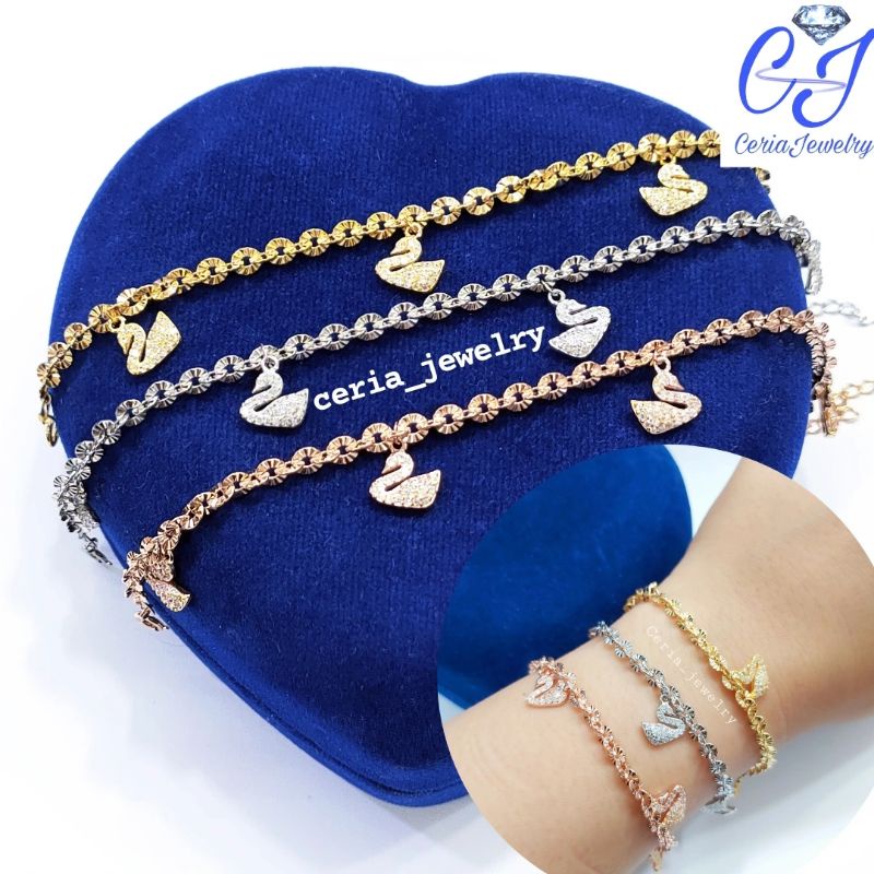 Gelang Perak Asli Silver 925 Lapis Emas Model Nori Ukir+Angsa/swan - Perhiasan Perak Wanita