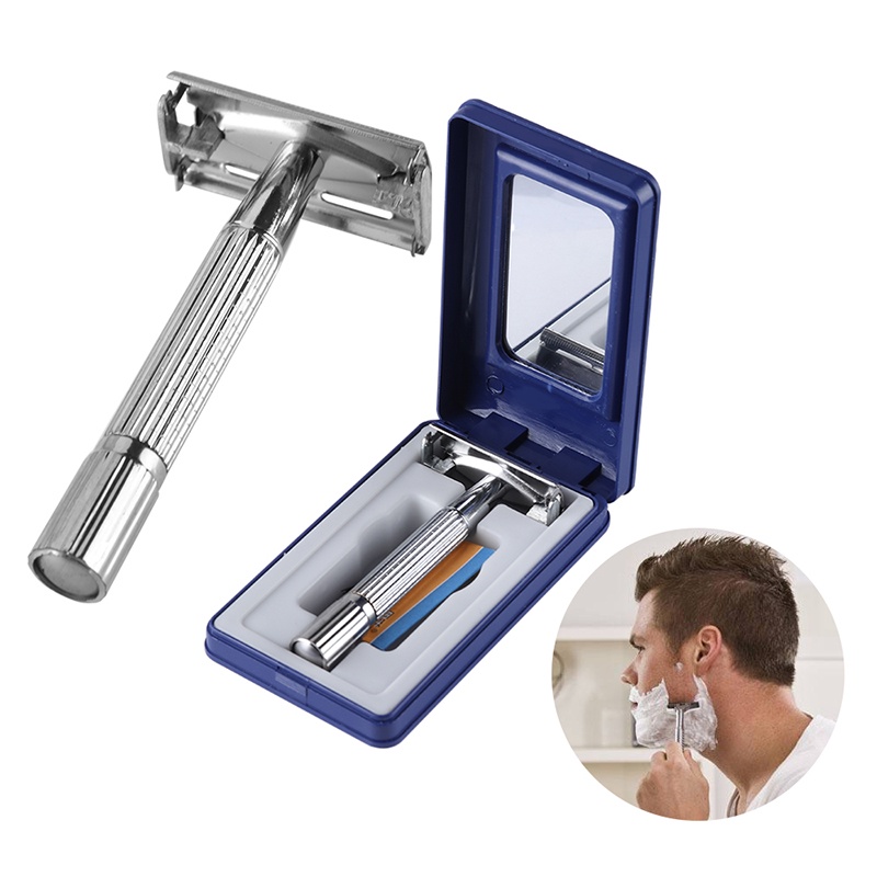 Manual Mens Razor Pisau Cukur Dua Sisi Bahan Stainless Steel Jenggot Alat Cukur dengan Case