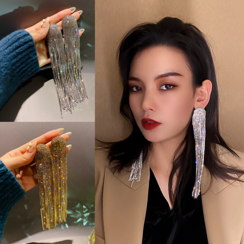 Anting Gantung Panjang Model Rumbai Full Berlian Imitasi Untuk Wanita