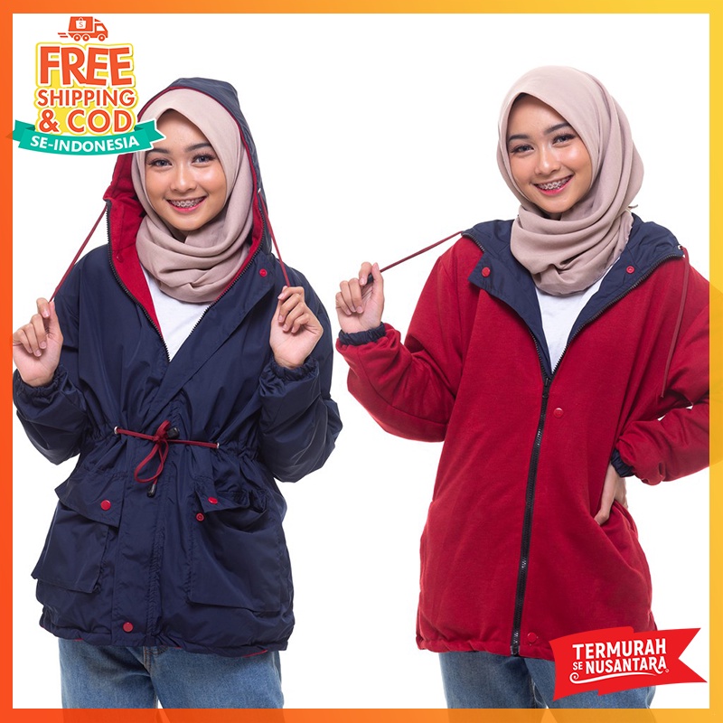 Jaket Parasut Wanita Parasit Outdoor Waterproof Outerwear Anti Air Bolak Balik Warna Kombinasi Hoodie Wanita Murah