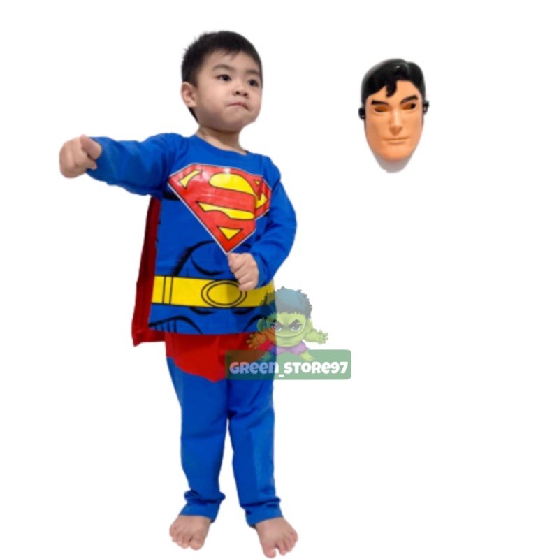 kostum anak supermen superhero / setelan lengan panjang syupermen gratis topeng