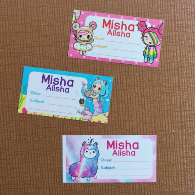 

45 Pcs Sticker Nama Buku Tema Llama & Mermaid Custom Desain Full Color