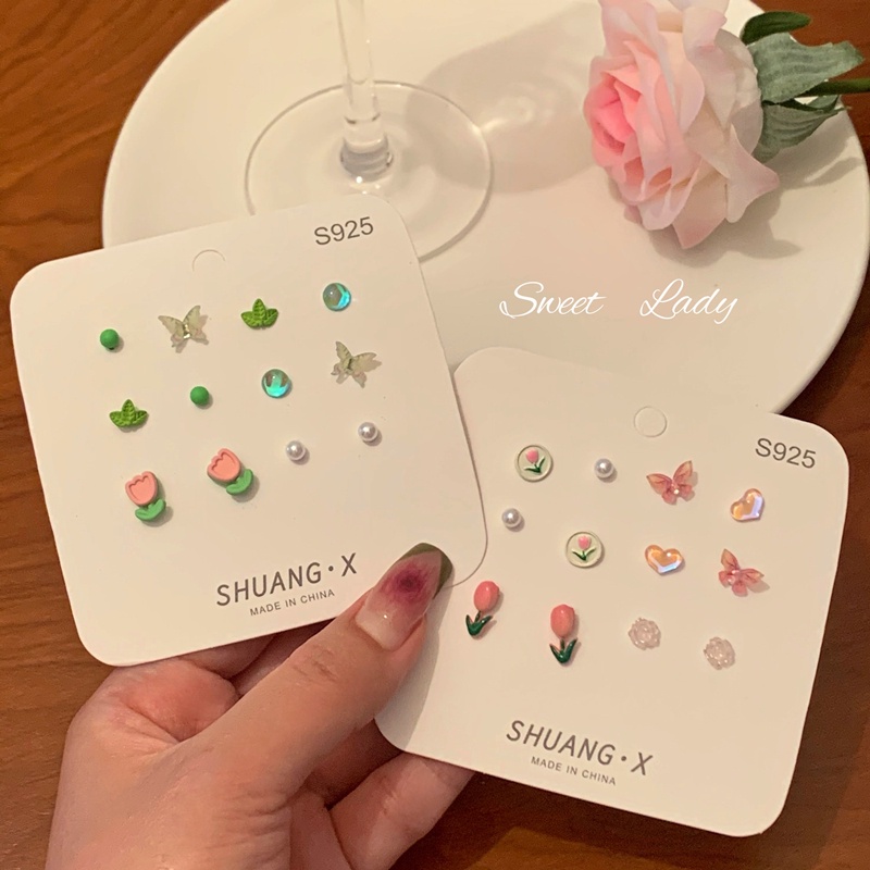 Set Anting Stud Desain Bunga Tulip Kupu-Kupu Warna-Warni Bahan 925 Silver Needle Untuk Wanita