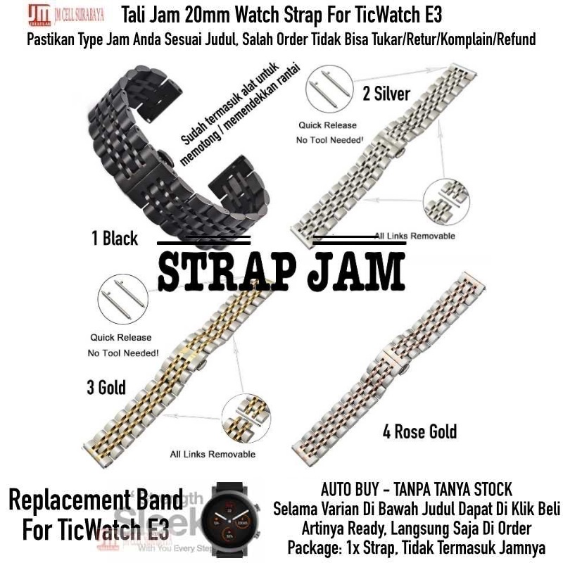 Tali Jam Mobvoi Ticwatch E3 - Strap 20mm Dual Steel Stainless Bukan Hollow