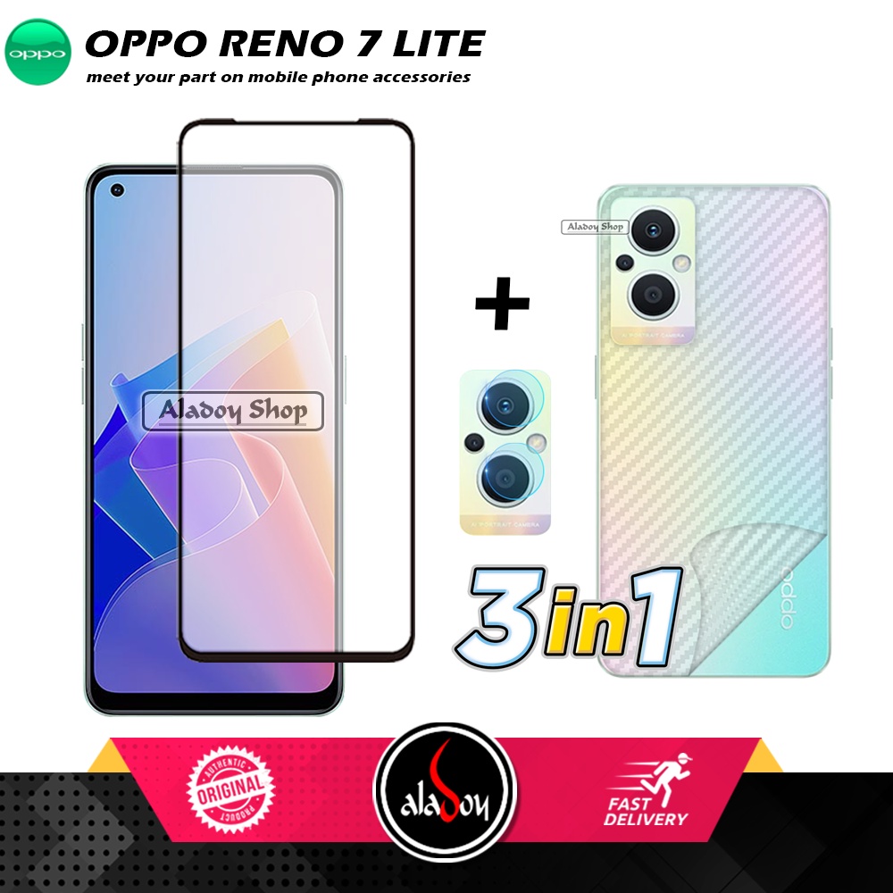 PAKET 3 IN 1 Tempered Glass Layar Oppo Reno 7 Lite Free Tempered Glass Camera dan Skin Carbon