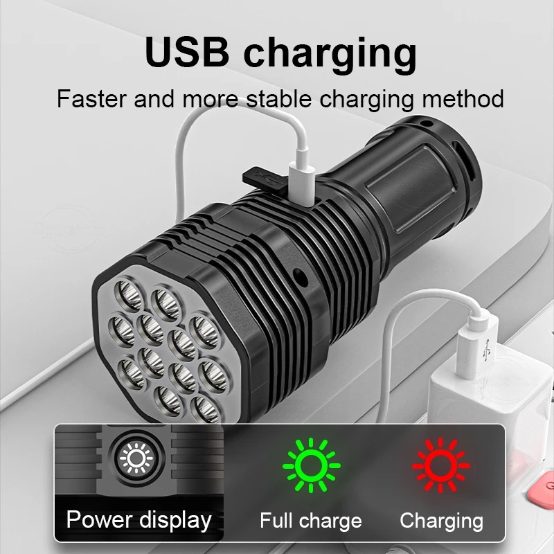 Lampu Senter 12 LED High Power Adjustable Anti Air Tahan Lama Dengan Port Charger USB