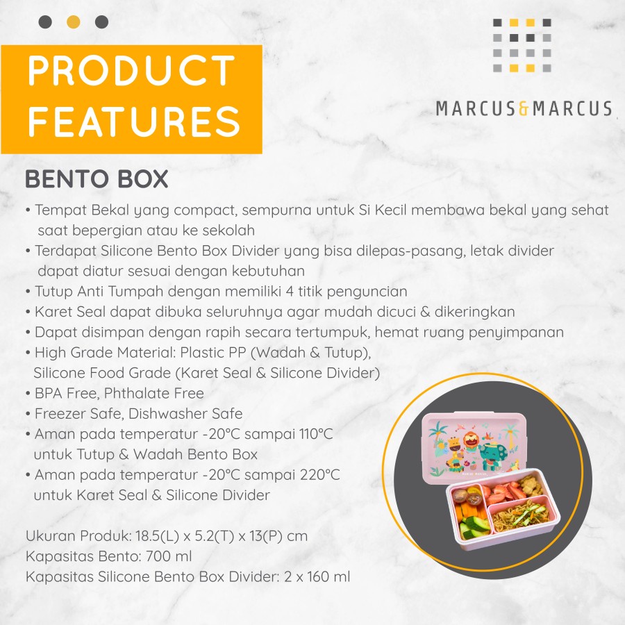 Marcus&amp;Marcus Bento Box - Lunch Box Kotak Bekel Anak Anti Tumpah Microwave Safe - Marcus &amp; Marcus