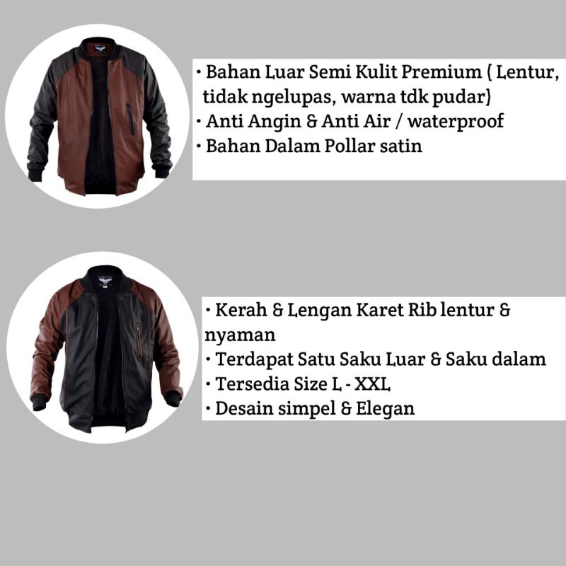 Jaket Kulit Bomber Premium Pria BKRS 018 Anti Air Jacket Motor Distro Original Waterproof cowok Laki laki Semi Kulit Sintetis Karlit Biker Warna Cokelat Hitam Kombinasi ukuran L XL XXL Big size Bandung Tebal Terbaru Keren Murah Bagus Laki laki