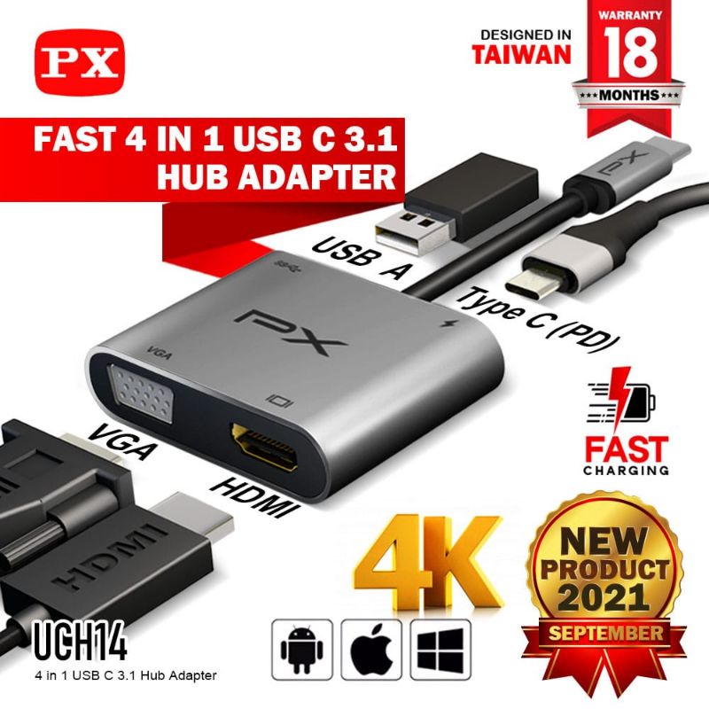 PX UCH14 TYPE C 3.1 TO HDMI VGA USB HUB CONVERTER ADAPTER 4 IN 1 4K