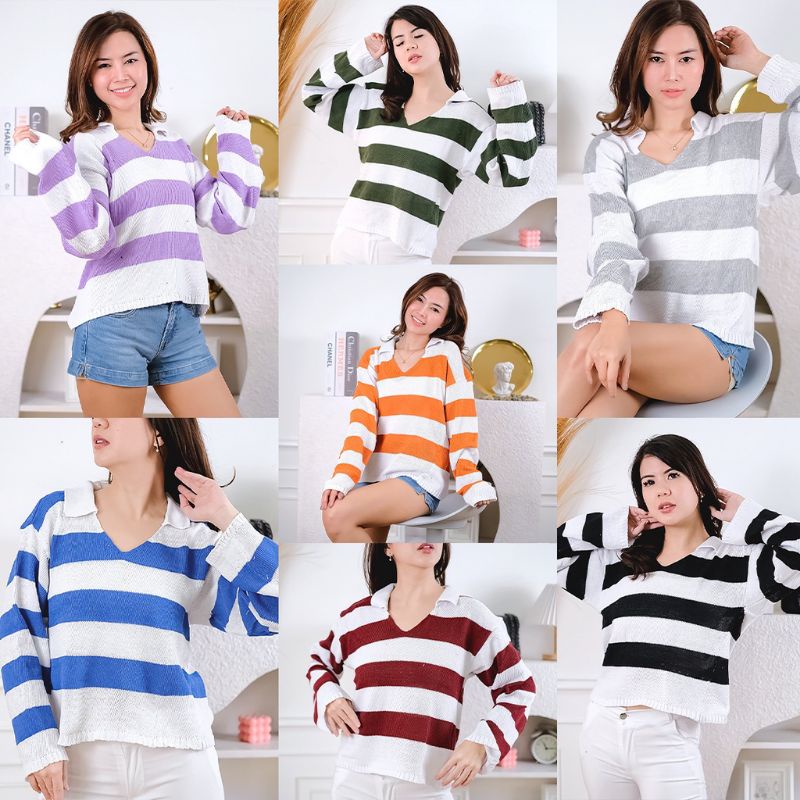 FUJI ATASAN RAJUT BLOUSE BB30-50KG CROPTOP BLASTER GARIS SALUR FUJI SWEATER BAJU BELANG BAJU KERAH KEMEJA WANITA KOREA STYLE