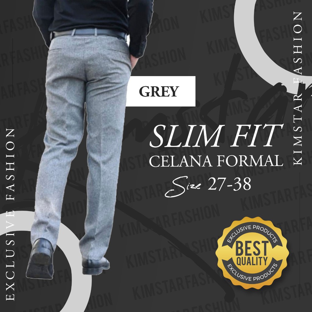 KIMSTAR - Celana Kerja Kantor Formal Bahan Dasar Pria Slimfit Abu Muda - 27-38