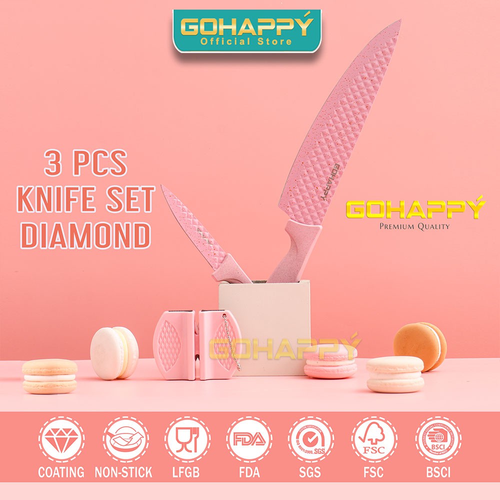 DIAMOND KNIFE SET GOHAPPY Pisau Set Diamond 3 pcs GHX63 Termasuk Pengasah tersedia warna Great tosca