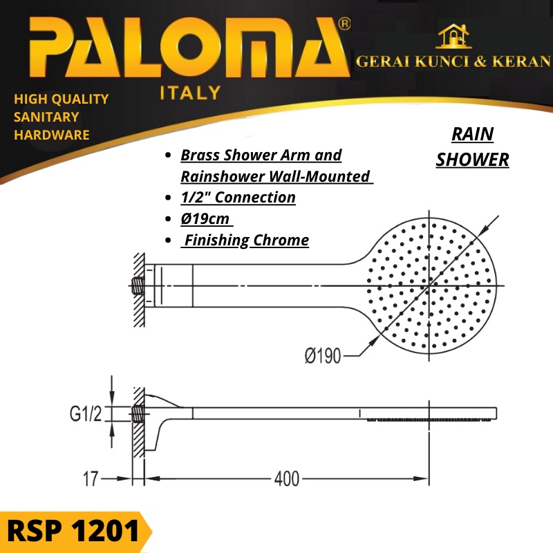 PALOMA RSP 1201 Rain Shower Kepala Shower Mandi Tanam Bulat Brass