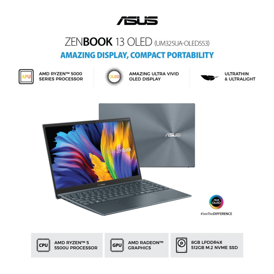 Asus Zenbook 13 UM325UA-OLED553 /AMD Ryzen 5-5500U/8GB/512GB SSD/13.3″/Win 11 Home+OHS 2021/Pine Gre