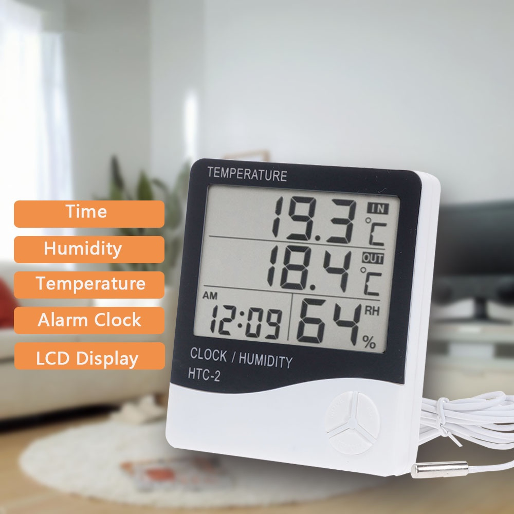 Jam Meja Kerja Digital dengan indikator Suhu dan Kelembaban udara Digital Temperature Humidity Meter LCD Time Display Desktop Table Clocks Thermometer Hygrometer Sensor Digital Dual Probe Humidity Temperature Meter Weather Clock Digital LCD Electronic