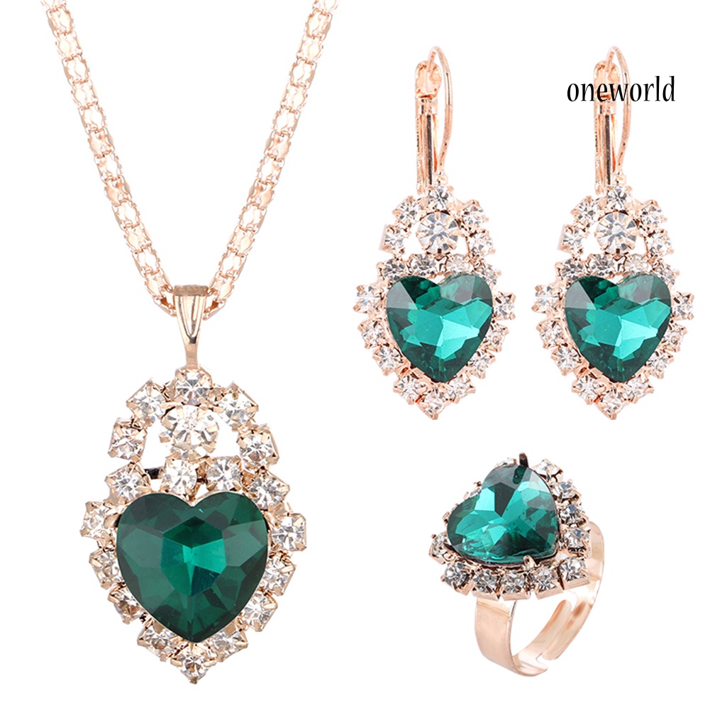 OW@ Wedding Heart Pendant Rhinestone Inlay Necklace Earrings Ring Bridal Jewelry Set