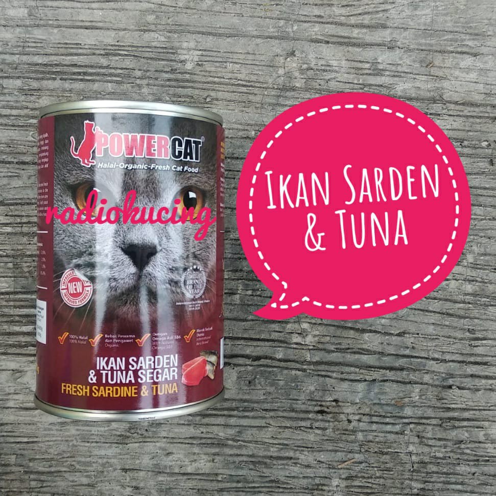(Merah) Power Cat IKAN SARDEN & TUNA SEGAR 400 gr Kaleng Wet Food [ JUWIES RADIO KUCING ]