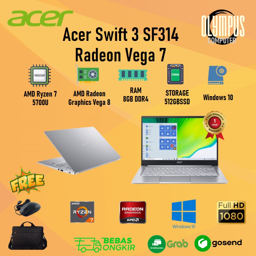 Laptop Acer Swift 3 SF314 Ryzen 7 5700U 8GB 512SSD VEGA8 W10PRE 14.0FHD IPS