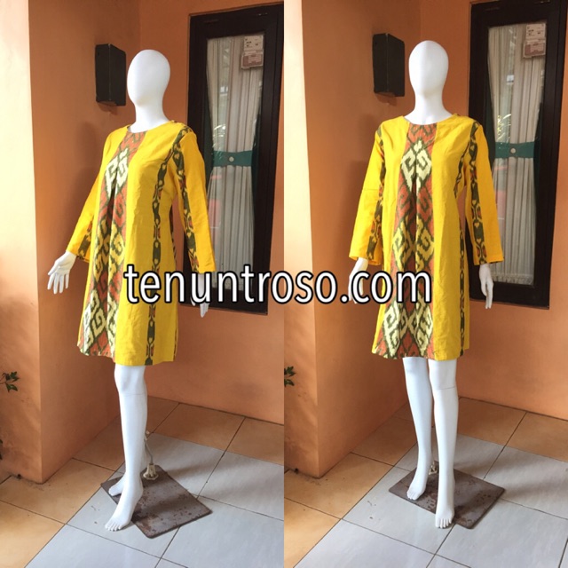 DRESS TENUN IKAT TORAJA ETNIK KAIN JEPARA KUNING CERAH