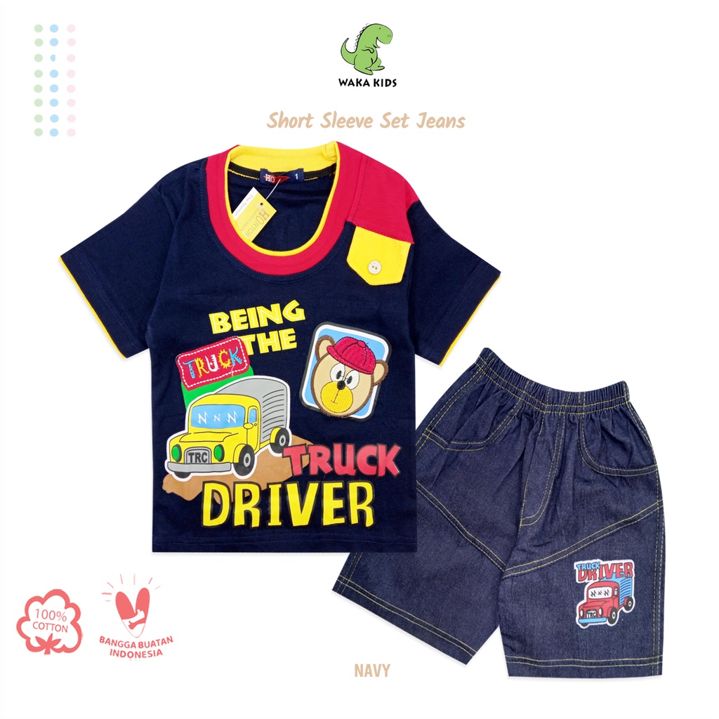 Wakakids Baju Anak Laki Laki Usia 1 - 4 Tahun Motif Truck Driver Setelan Celana Jeans Horton 2068-1