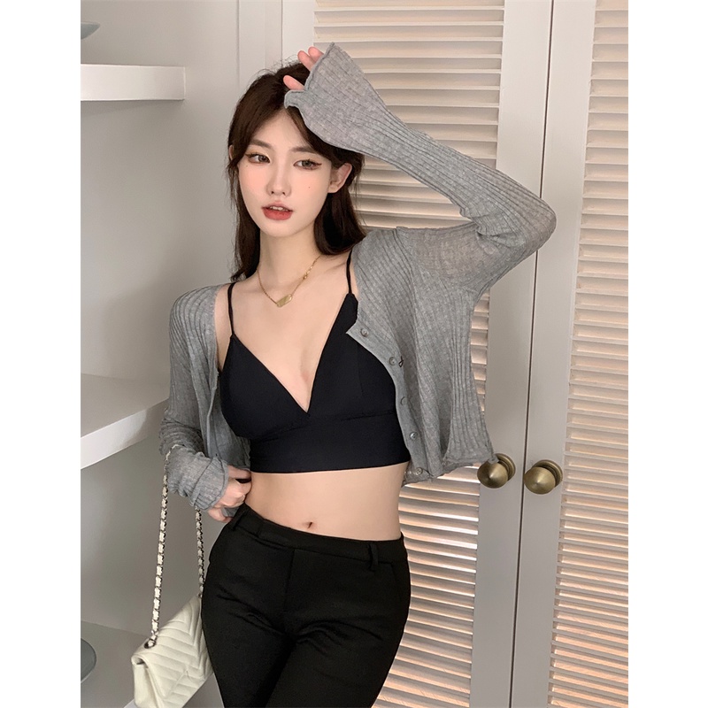 Suhao Gadis Panas Slim Lengan Panjang Rajutan Cardigan Wanita Musim Panas Pendek Tabir Surya Blus Ja