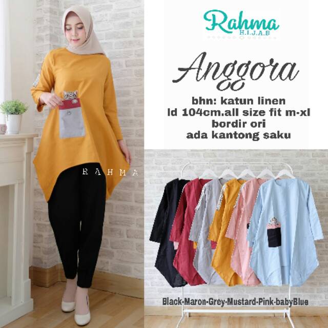 Anggora tunik bordir ori ada saku atasan wanita katun