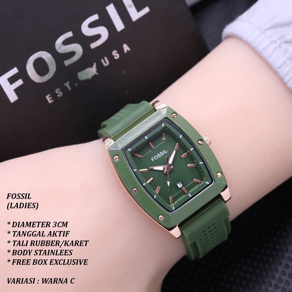 (FREE BOX) JAM TANGAN WANITA FASHION TALI RUBBER BODY OVAL BALOK TANGGAL AKTIF