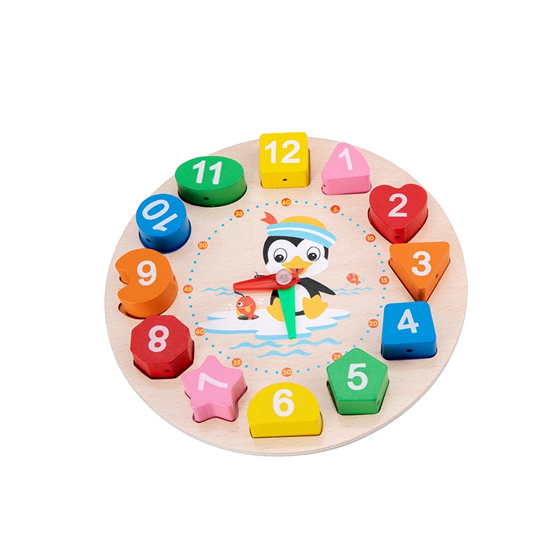 WE Penguin Beaded Clock mainan edukasi jam Penguin dan meronce/ jam kayu / jam geometri/ puzzle bentuk/ mainan kayu