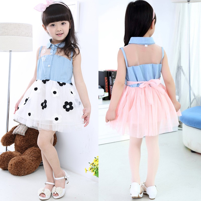 Dress Princess Rok  Tutu Bahan Denim  Aksen Renda untuk Anak  